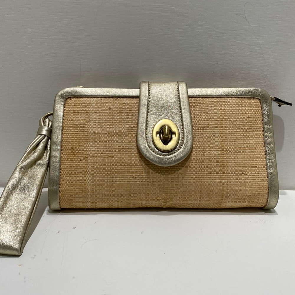 COACH (#42474) “Parker” Woven Straw/ Gold Leather Trim Clutch/ Wristlet